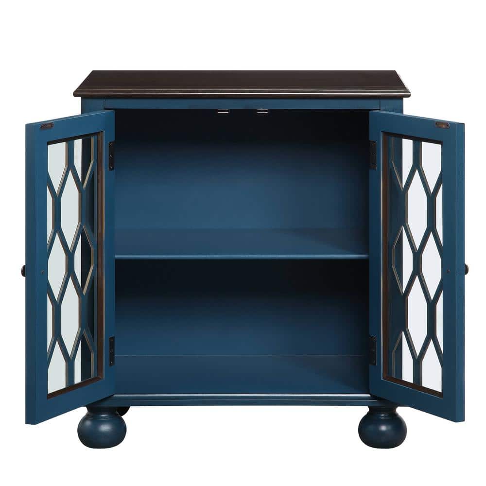 Antique Blue Wooden Console Table with Glass Accents and Storage