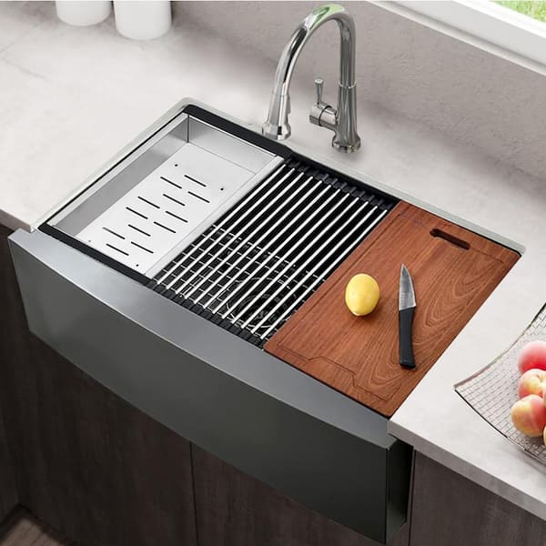 Staykiwi 33 in. Farmhouse Single Bowl 16 Gauge Gunmetal Black Stainless Steel Kitchen Sink with Bottom Grids with Accessories