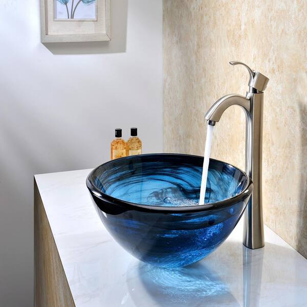 ANZZI - Thalu Series 17 in. Bathroom Vessel Sink with Scratch-Tough and Stain-Resistant Surface in Sapphire Wisp Glass