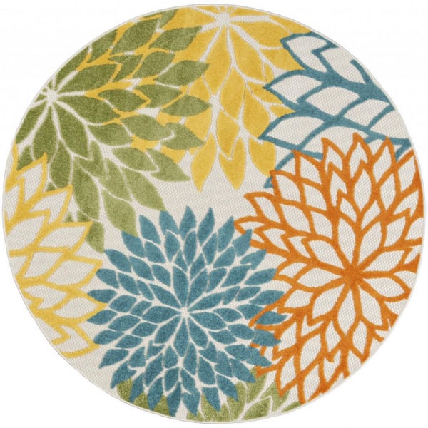 Blue, Yellow 4 ft. Round ft. Woven Polypropylene Indoor/Outdoor Area Rug