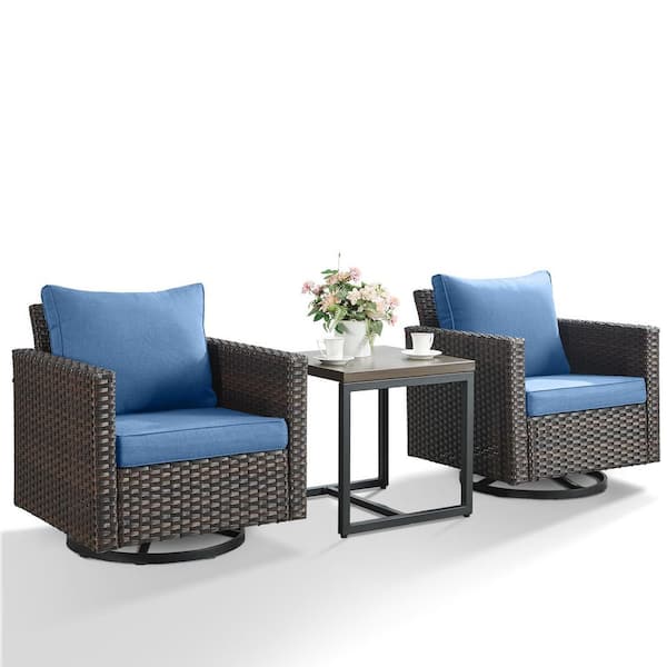 Carlos 3-Piece All-Weather Brown Wicker Patio Conversation Set with Swivel Chairs and Blue Cushions