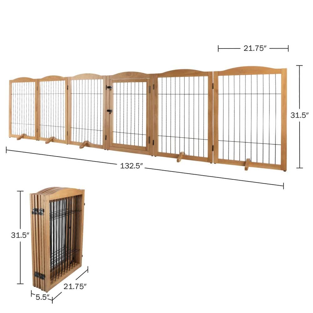 Natural Wood and Metal Freestanding Pet Gate, 132.5x31.5-Inch