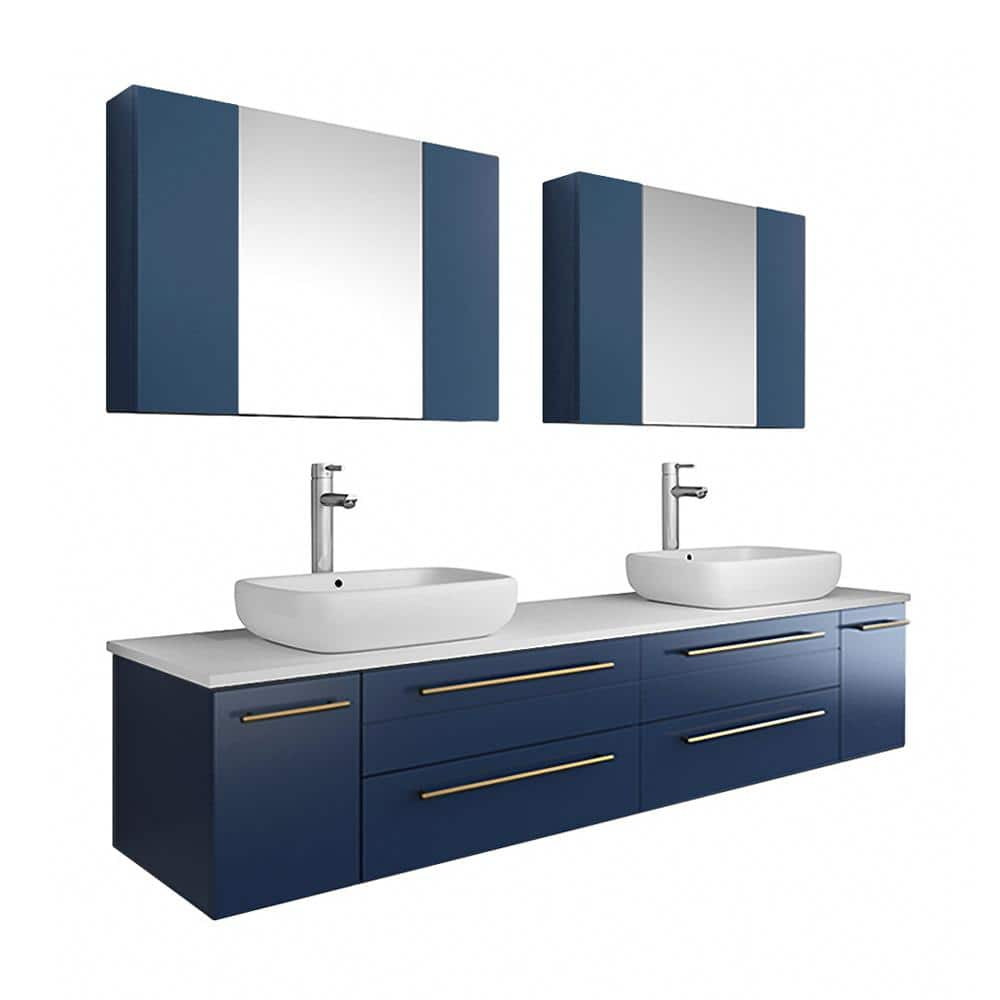 Lucera 72 in. W Wall Hung Bath Vanity in Royal Blue with Quartz Double Sink Vanity Top in White with White Basins -  Fresca, FVN6172RBLVSLD