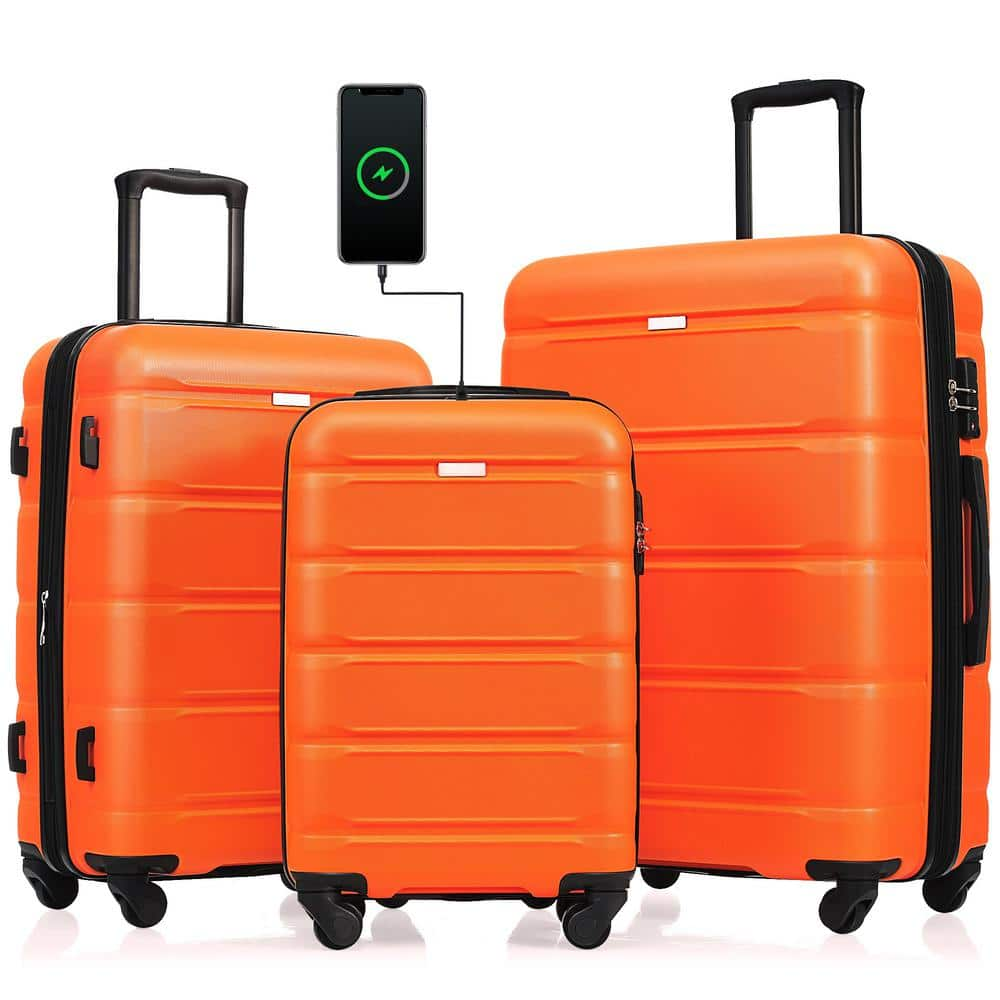 High Quality Airline Certified Carry On 3 Piece Orange Luggage Set w USB Port Cup Holder Hard Shell and Spinner Wheels