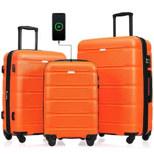 High-Quality Airline Certified Carry-On 3-Piece Orange Luggage Set w/USB Port, Cup Holder, Hard Shell and Spinner Wheels