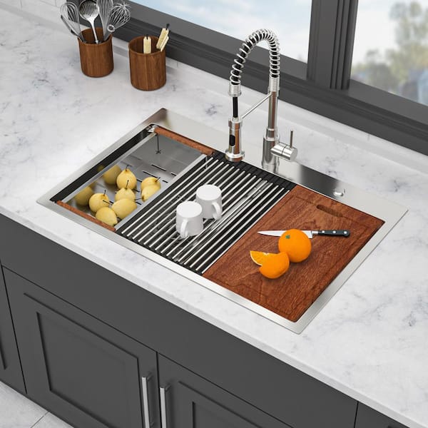 33 in. Drop-In Double Bowl 16 Gauge Brushed Nickel Stainless Steel Kitchen Sink with Bottom Grids