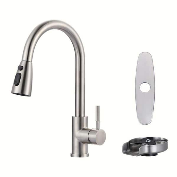 Stainless Steel Single Handle Pull Down Sprayer Kitchen Faucet with 3-Modes Sprayer and Glass Rinser in Brushed Nickel