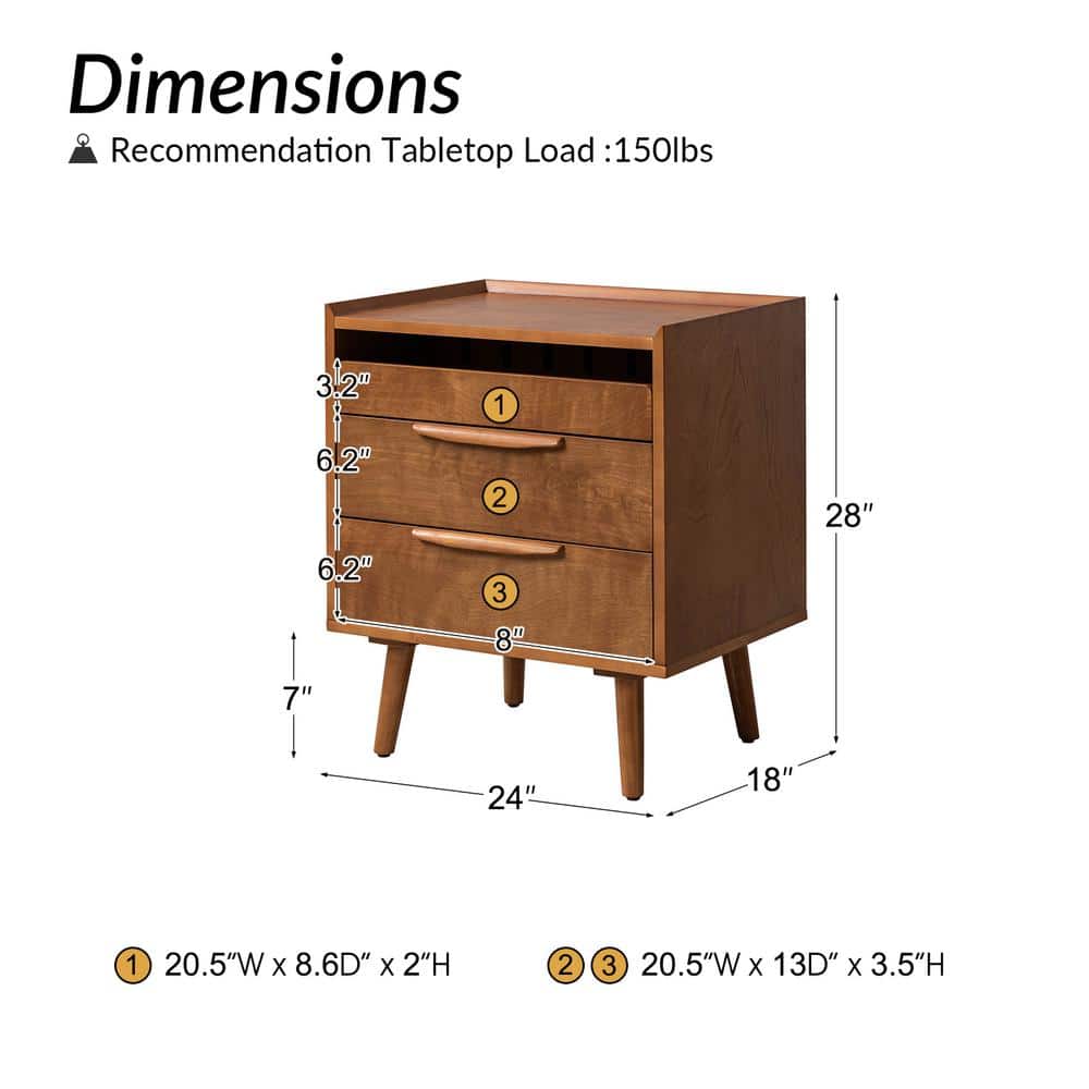 Kate Walnut Mid-century Style 3-Drawer 24 in. W Nightstand with Solid Wood Legs Set of 2 - thumbnail 3
