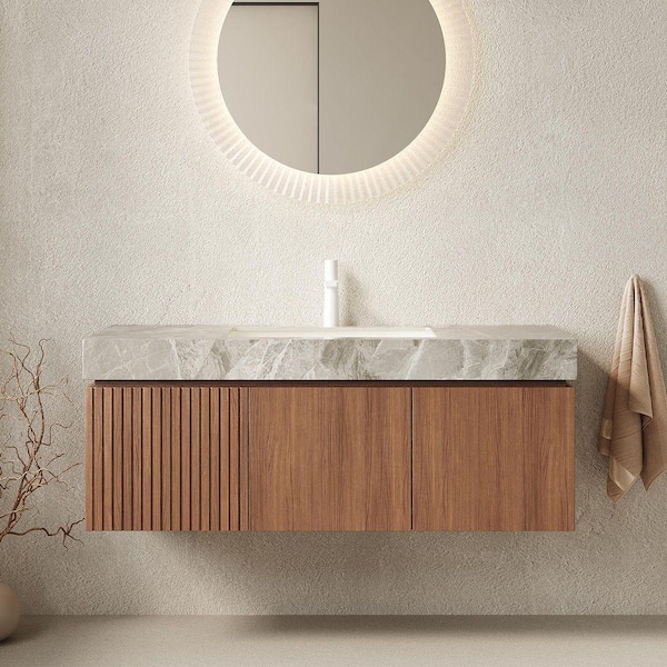 48 in. W x 19 in. D x 18 in. H Wall-Mounted Bath Vanity in Espresso with Light Gray Sintered Stone Top