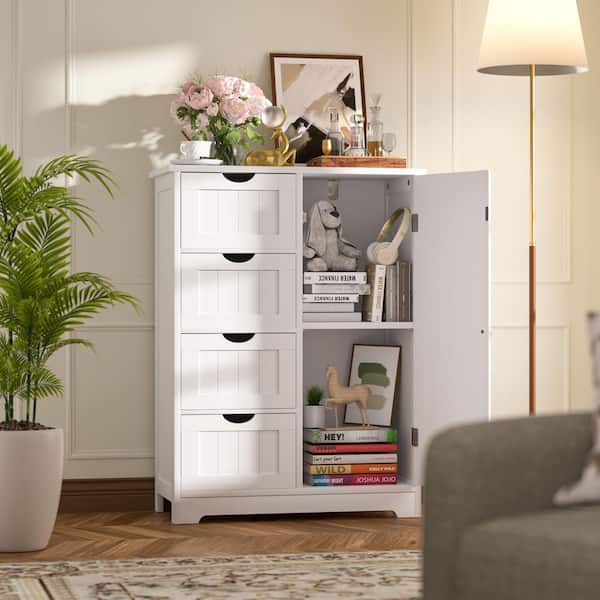 White Linen Cabinet Storage Cabinet with Adjustable Shelf and 4-Drawer, 23.6 in. W x 11.8 in. D X 31.6 in. H