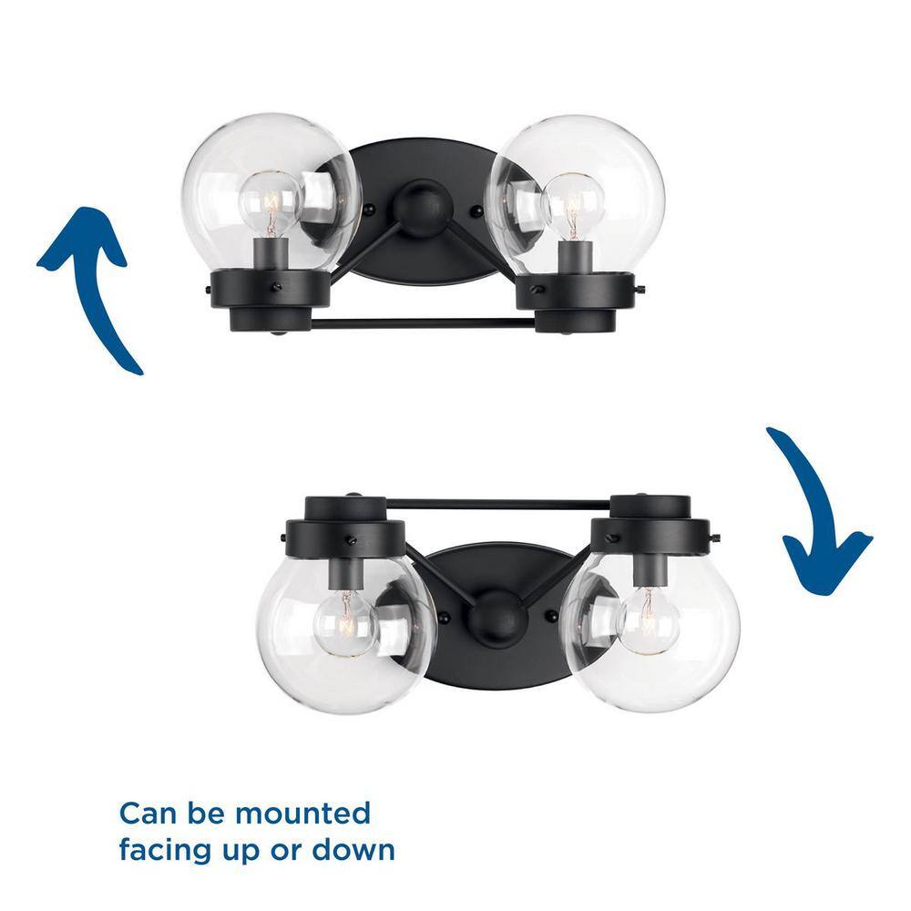 Matte Black 2-Light Bath Vanity Fixture with Clear Globe Shades