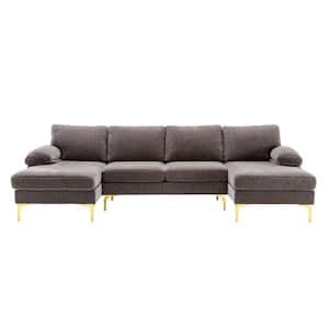 110 in. Square Arm 3-Piece Velvet U-Shaped Sectional Sofa in Gray with Chaise