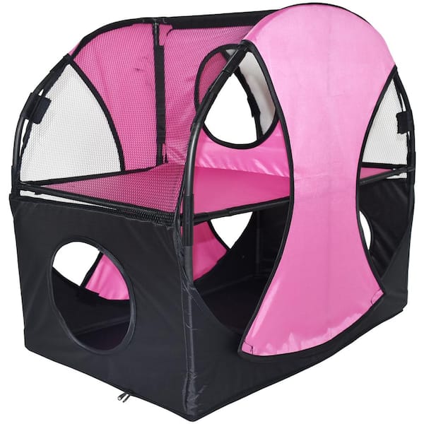 PET LIFE Pink and Black Kitty-Play Obstacle Travel Collapsible Soft Folding Pet Cat House