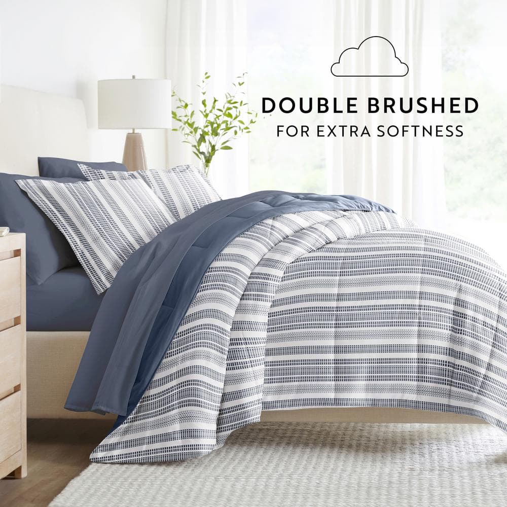 Full Navy Striped Microfiber Down Alternative Bed in a Bag Set