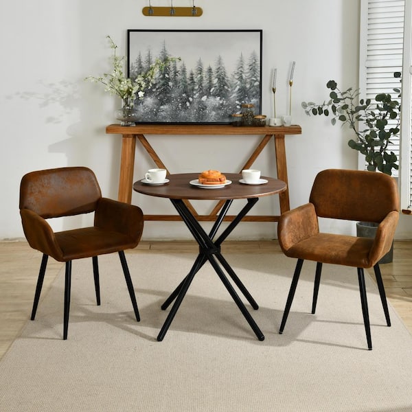 Homy Casa MFTY 3-Piece Modern Style Dining Set - Walnut Wood Round Table with Black Frame and 2-Coffee Faux Leather Armchairs