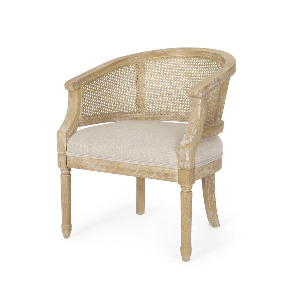 French Country Accent Chair, Beige and Natural Rubber Wood Chair, Weather-R