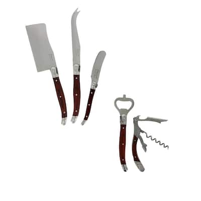FrenchHome Laguiole 5 Piece Stainless Steel Cheese Knife Set and Wine Opener Set with Pakkawood Handles.