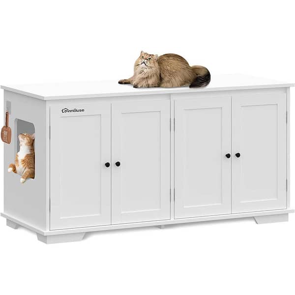 FUFU&GAGA Modern Cat Litter Box Enclosure for 2 Cats, Hidden Litter Box Furniture, Indoor Cat Washroom Bench for Living Room White