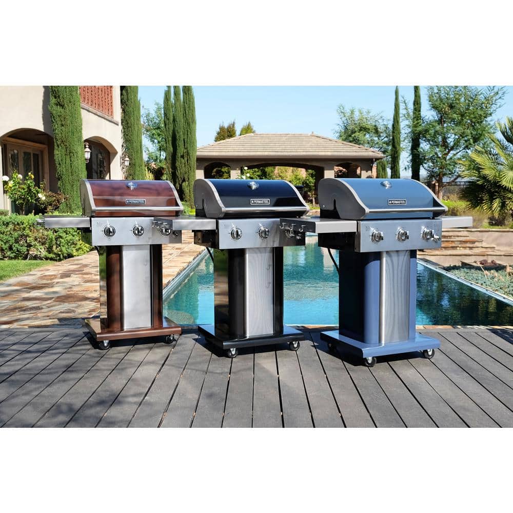 Mocha Stainless Steel 3-Burner Propane Gas Grill with Foldable Side Tables