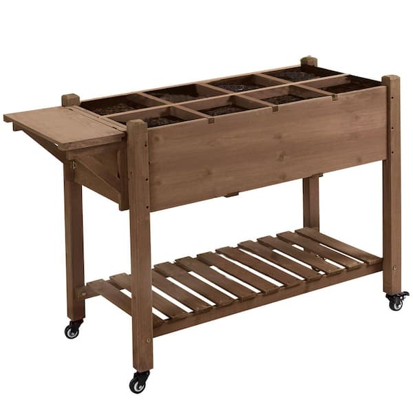 Sudzendf Brown Wood Raised Garden Bed with 8 Grow Grids, Outdoor Plant Box Stand with Folding Side Table and Wheels