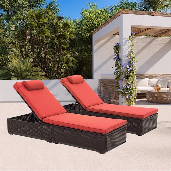 Unbranded 2-Piece Black Wicker Outdoor Chaise Lounge with Adjustable Backrest and Red Cushions