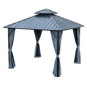 10 ft. x 10 ft. Blue Outdoor Patio Galvanized Steel Hardtop Gazebo Aluminum Frame with Netting and Curtains