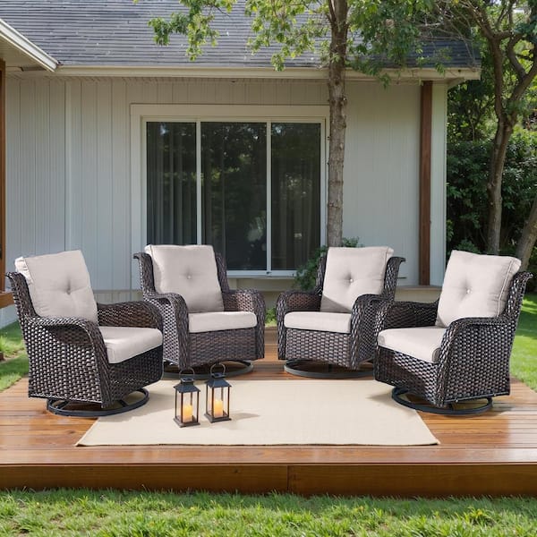moosprr 4-Piece Brown Wicker Outdoor Swivel Glider Chair with Beige Cushions and Curved Armrest/Rocking Chairs for Patio/Porch
