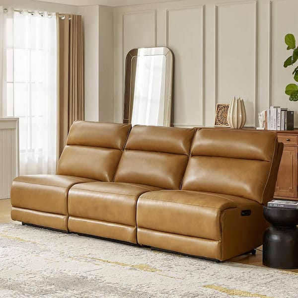 Romano 97.5 in. Armless Genuine Leather Rectangle Power Recliner Sectional Sofa in Camel