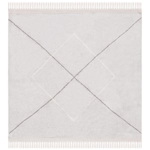 Easy Care Grey/Ivory 6 ft. x 6 ft. Machine Washable Border Striped Geometric Square Area Rug