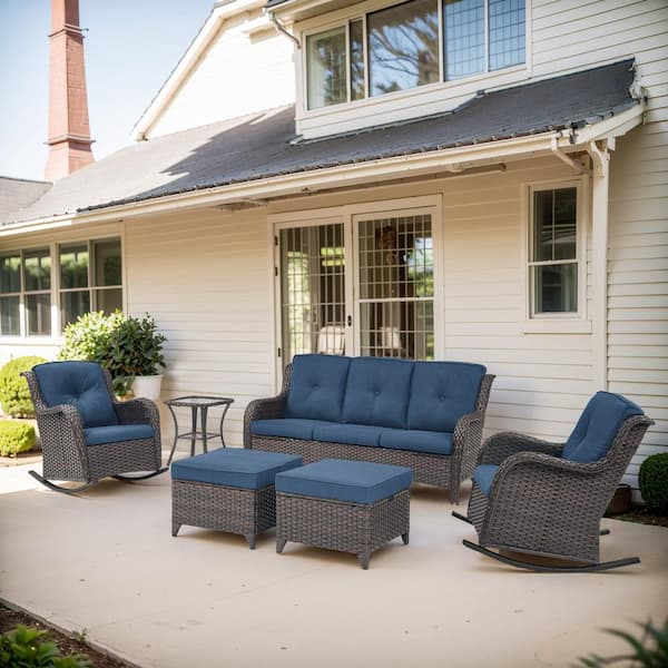 Opohoro ArcoBay 6-Piece Brown Wicker Outdoor Rocking Swivel Chairs Patio Conversation Set with Blue Cushions and 3-Seat Sofa