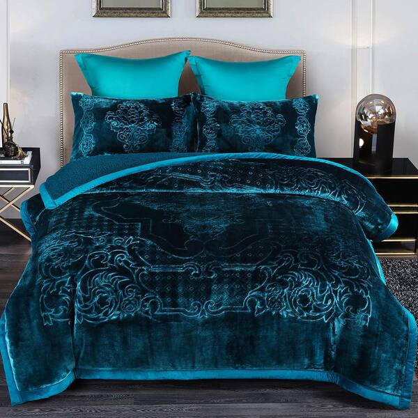 JML 3 Pieces Teal Sherpa Fleece Blanket 79 in. x 91 in. with 2 Pillow Sham 20 in. x 30 in.