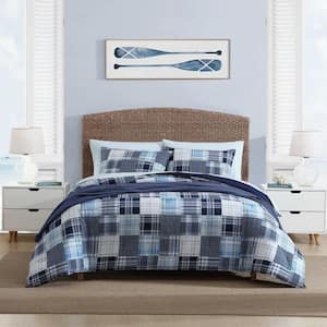 Mason Patchwork Blue/Green 3-Piece Plain Weave Cotton King Reversible Comforter Sham Set