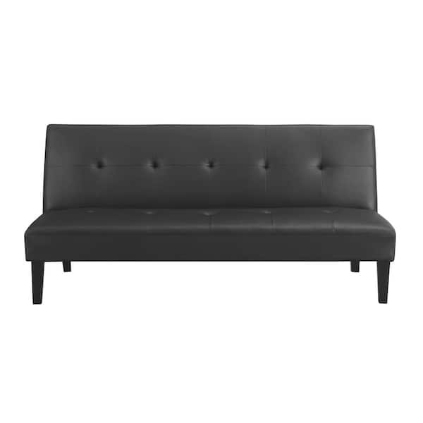 MAYKOOSH 76.6 in Black Faux Leather Armless Futon Sofa Bed with Wooden Legs - Rectangle Couch Featuring Button Tufting