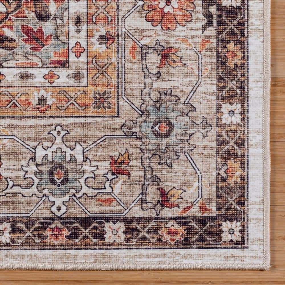 Soha Brown and Beige Traditional Medallion Washable Area Rug, 5' x 7'