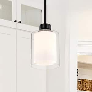 Daley 1-Light Matte Black Dual Shaded Mini Pendant Light with Clear Glass and White Glass Shades, 5.5 in.