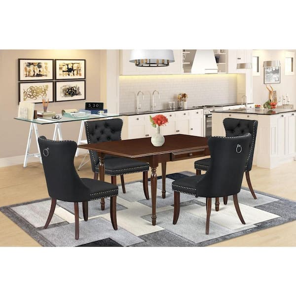 East West Furniture 5-Piece Mahogany Finish Solid Wood Top - Rectangular Upholstered Dining Room Set with Dropleaf (Seats 4)