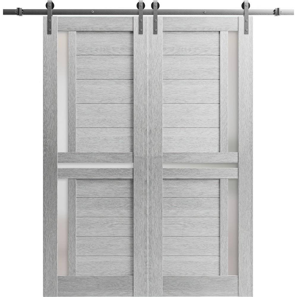 Assemble Required 28 in. x 80 in. 2-Panel Frosted Glass Light Grey Oak Solid Wood Sliding Barn Door with Hardware Kit price history on PriceWatchPro
