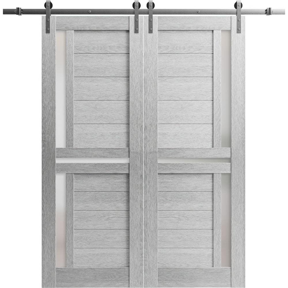 Assemble Required 28 in. x 84 in. 2-Panel Frosted Glass Light Grey Oak Solid Wood Sliding Barn Door with Hardware Kit price history on PriceWatchPro
