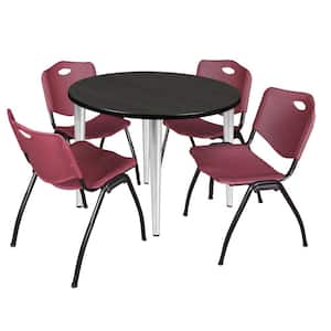 Trueno 36 in. Round Ash Grey and Chrome Wood Breakroom Table and 4-Burgundy 'M' Stack Chairs (Seats 4)