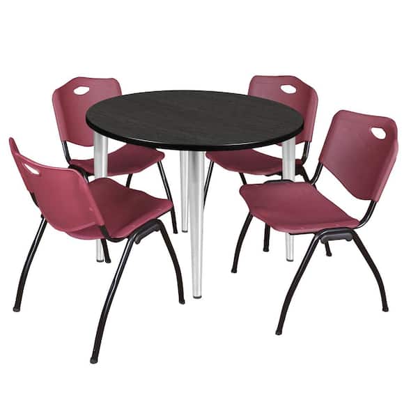 Regency Trueno 36 in. Round Ash Grey and Chrome Wood Breakroom Table and 4-Burgundy 'M' Stack Chairs (Seats 4)