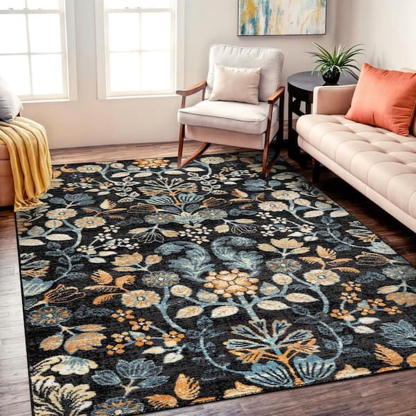 Symmetrical Floral Black 5' x 7' Area Rug