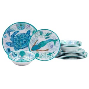Serene Seas 12-Piece Assorted Colors Melamine Dinnerware Set Service for 4