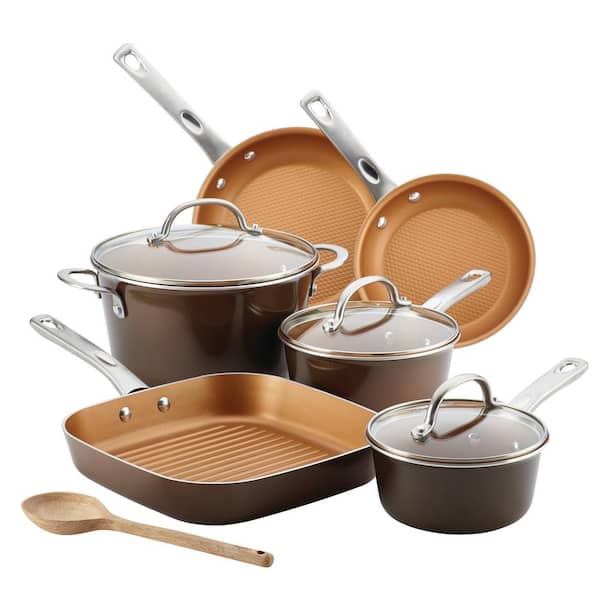  Ayesha Home Collection Porcelain Enamel Nonstick Cookware Set,  Brown Sugar, 9-Piece Set + 10 Fry Pan: Home & Kitchen