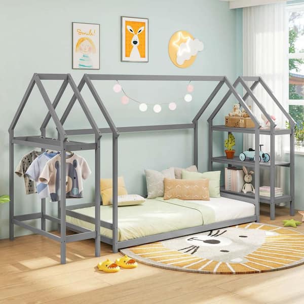 Gray Twin Size House Bed Montessori Floor Bed with Detachable Storage Shelves
