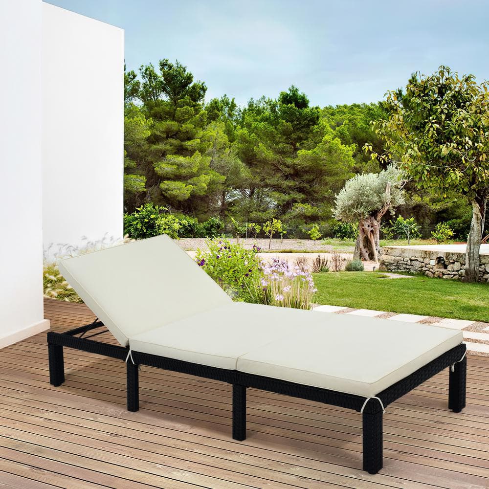 Black 1-Piece Wicker Outdoor Chaise Lounge with Beige Cushion