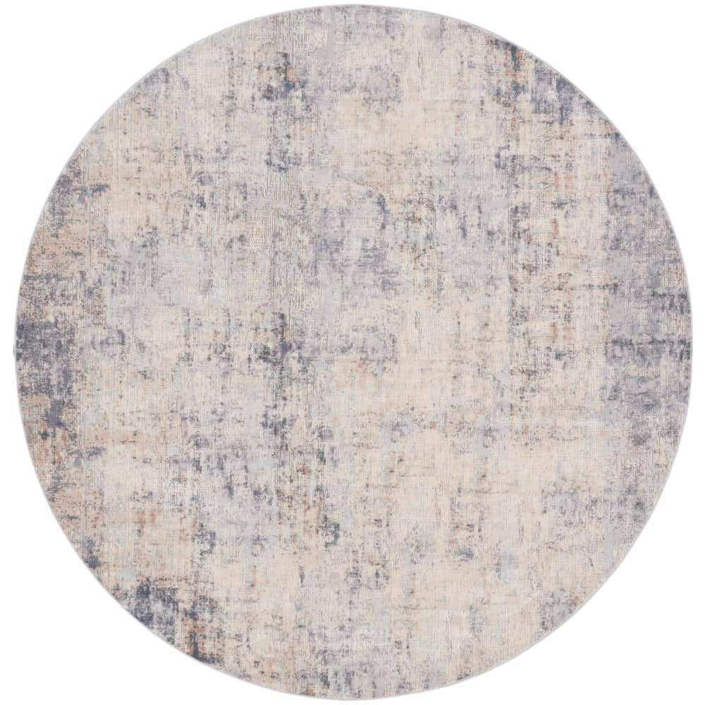 Abstract Grey & Beige Synthetic Round Area Rug, 7'10"