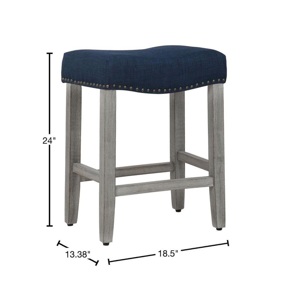 Antique Gray and Navy Blue Saddle Style Wood Bar Stool, 24"