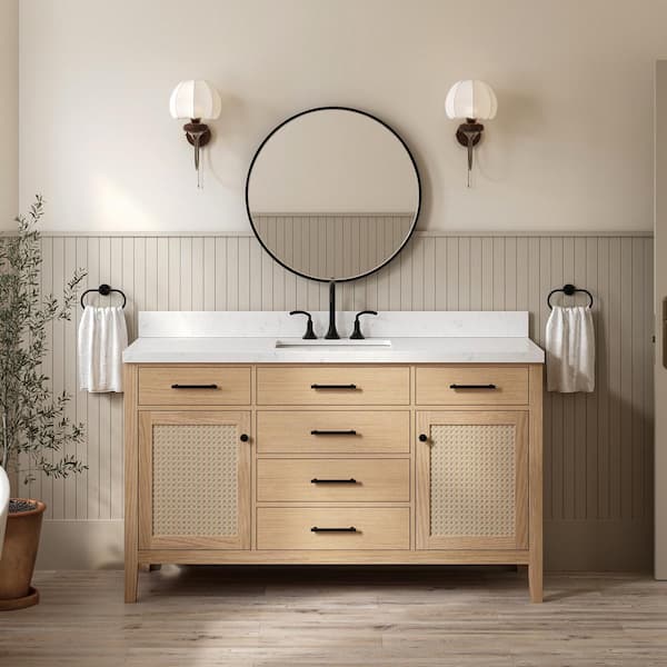 ARIEL Camila 60 in. W x 22 in. D x 36 in. H Single Rectangle Sink Bath Vanity in White Oak with Carrara White Quartz Top