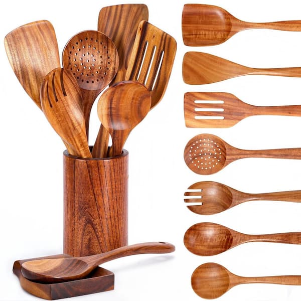 9-Piece Teak Wooden Kitchen Utensil Set with Spoon Rest, Comfort Grip Cooking Spoons and Utensils Holder