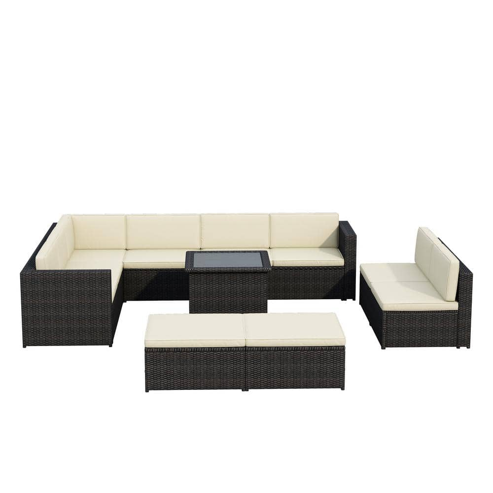 Willit Brown 9-Piece Wicker Patio Conversation Sectional Seating Set ...